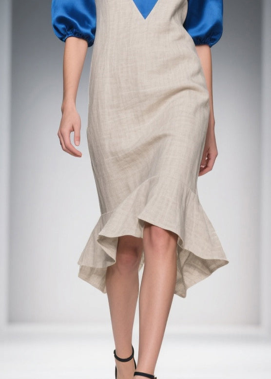 Beige Double-v Neck Patchwork Linen Silk Long Dresses Summer
