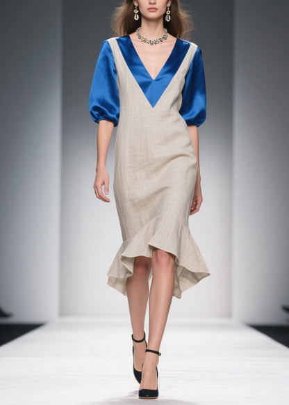 Beige Double-v Neck Patchwork Linen Silk Long Dresses Summer