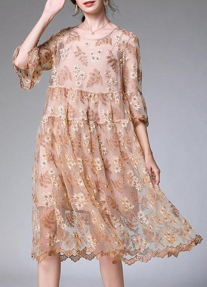 Beige Embroidery O-neck Summer Holiday Dress