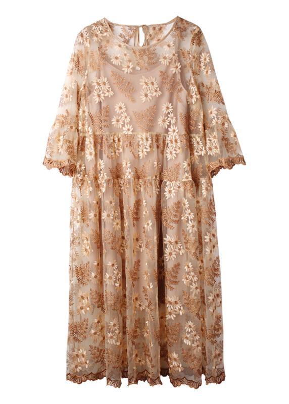 Beige Embroidery O-neck Summer Holiday Dress