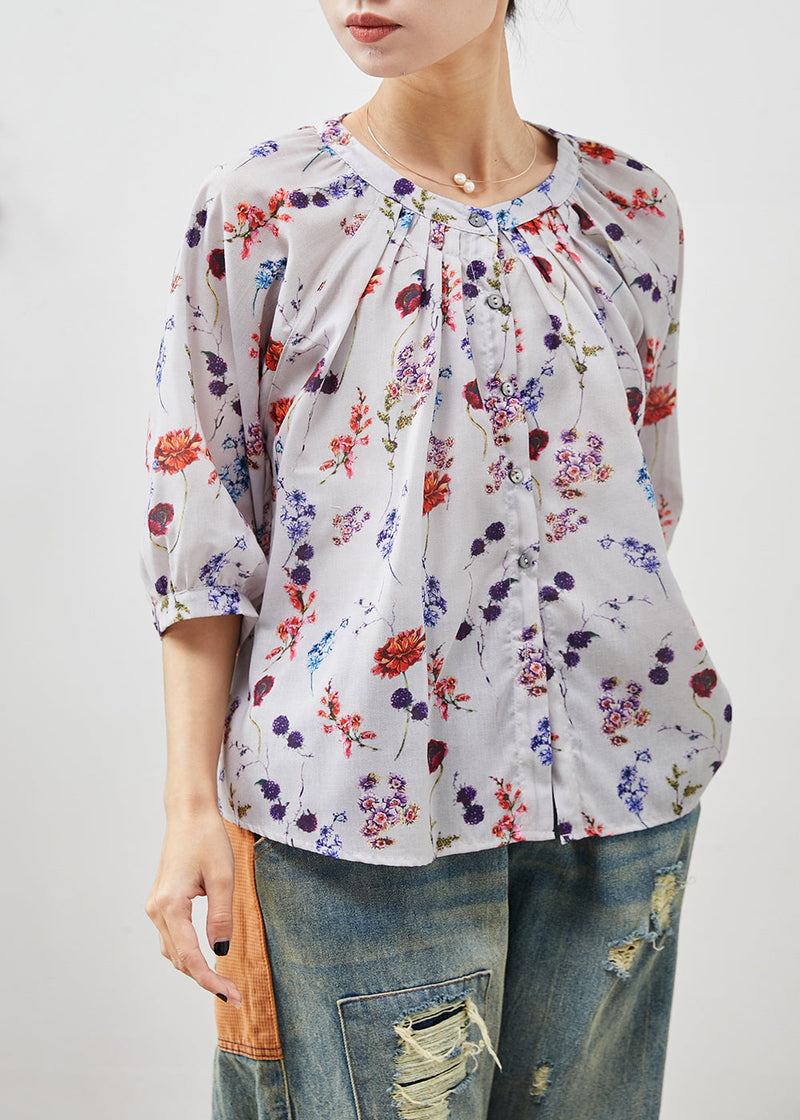 Beige O-neck Print Linen Shirt Half Sleeve