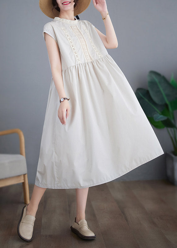 Beige O-neck Cotton Long Dresses Short Sleeve