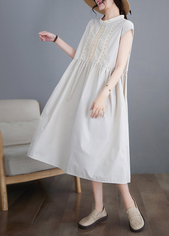 Beige O-neck Cotton Long Dresses Short Sleeve
