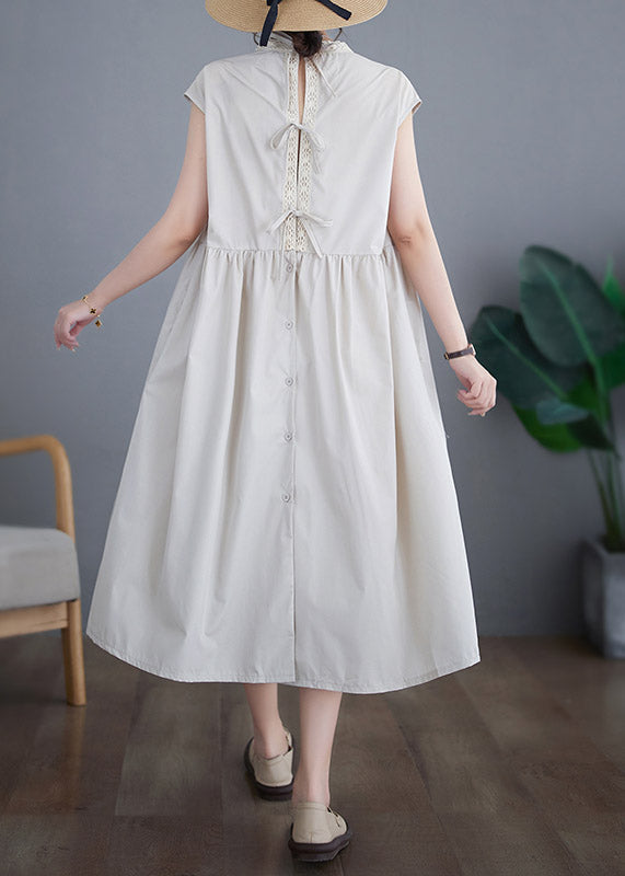 Beige O-neck Cotton Long Dresses Short Sleeve