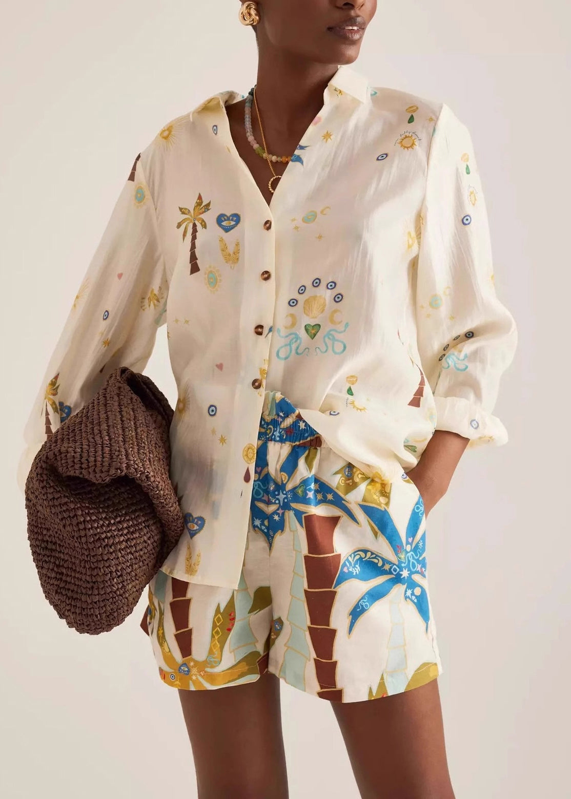 Beige Oversized Print Cotton Two Pieces Set Summer