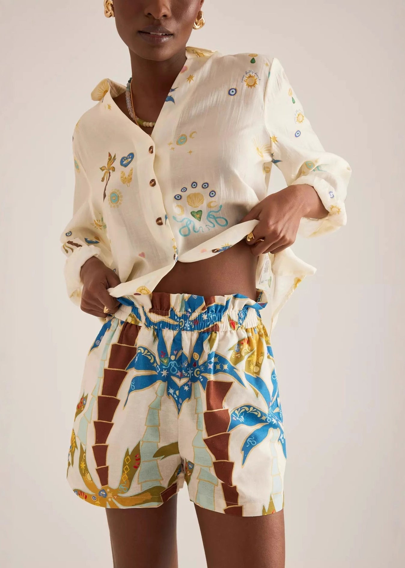 Beige Oversized Print Cotton Two Pieces Set Summer