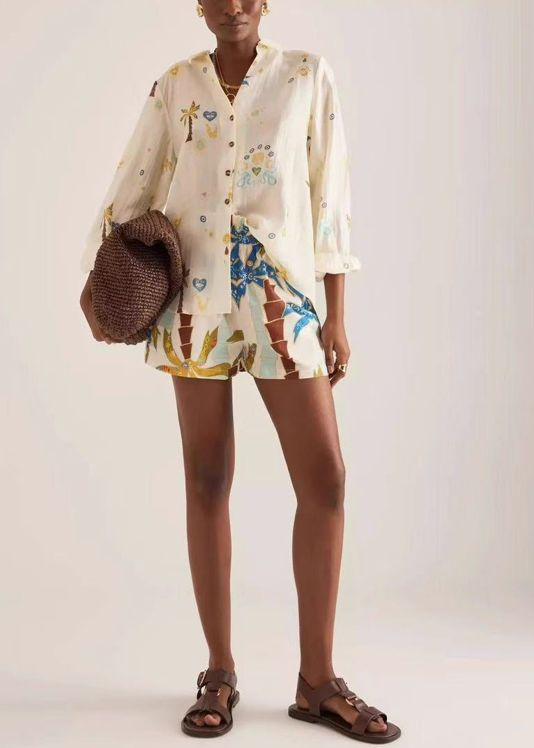 Beige Oversized Print Cotton Two Pieces Set Summer