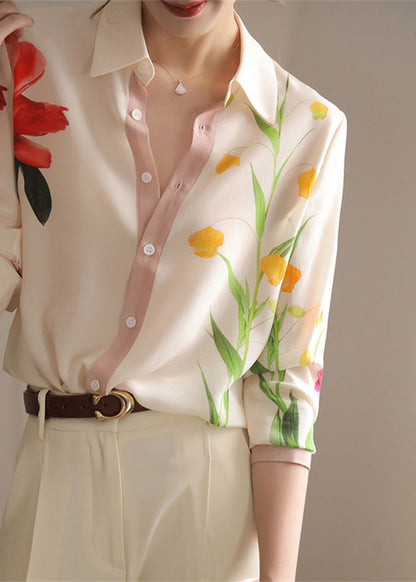 Beige Peter Pan Collar Print Button Chiffon Shirt Spring