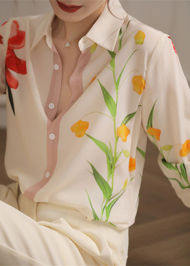 Beige Peter Pan Collar Print Button Chiffon Shirt Spring
