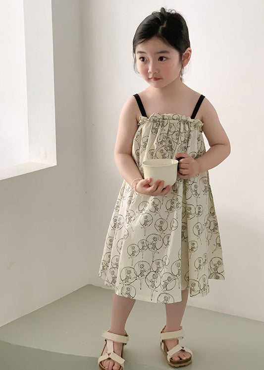 Beige Print Ruffled Patchwork Cotton Slip Maxi Dress Sleeveless