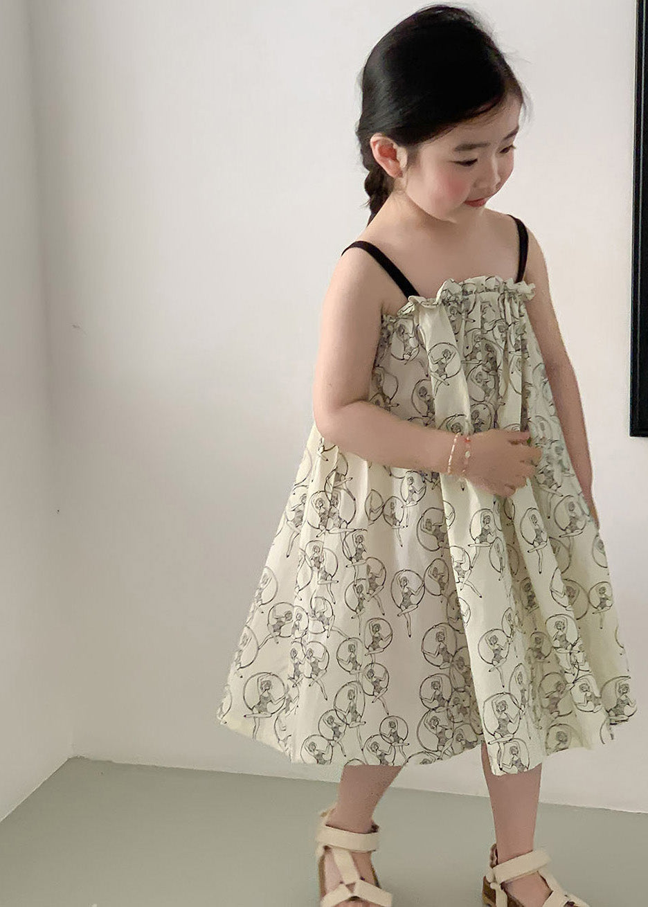 Beige Print Ruffled Patchwork Cotton Slip Maxi Dress Sleeveless
