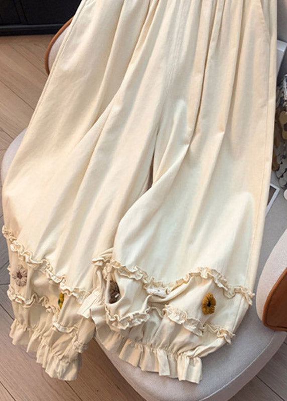 Beige Ruffled Patchwork Wide Leg Pants Summer