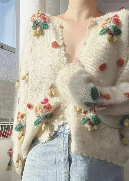 Beige V Neck Button Patchwork Knit Cardigan Spring