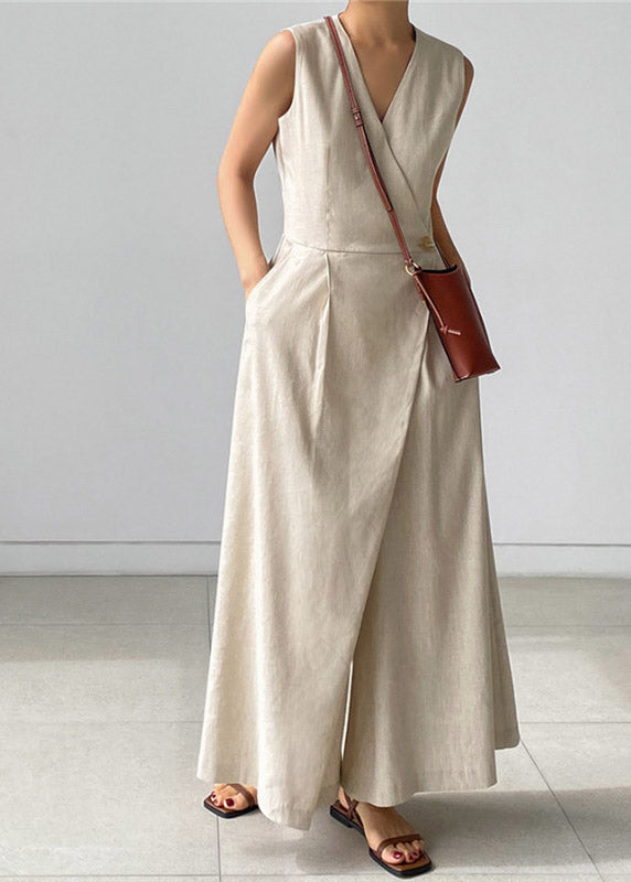 Beige V Neck Button Pockets Jumpsuit Pants Summer