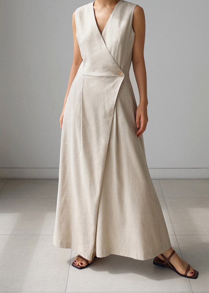 Beige V Neck Button Pockets Jumpsuit Pants Summer