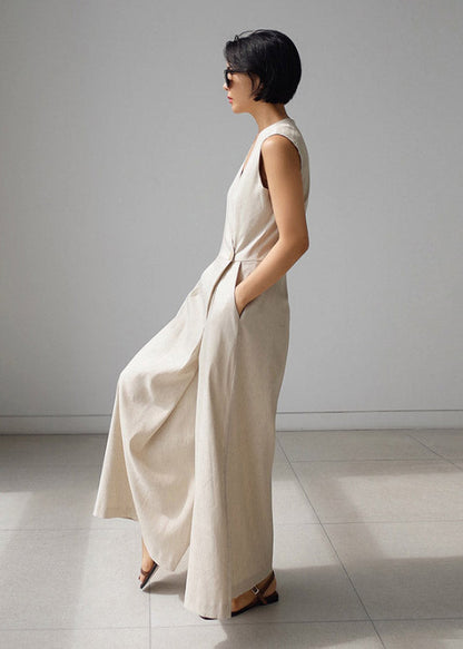 Beige V Neck Button Pockets Jumpsuit Pants Summer