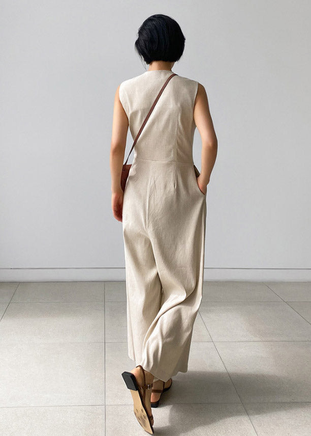 Beige V Neck Button Pockets Jumpsuit Pants Summer