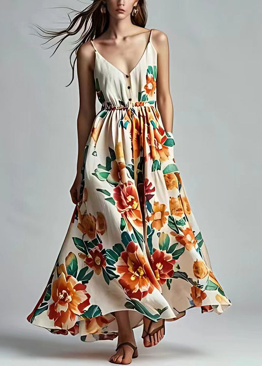 Beige V Neck Print Pockets Cotton Spaghetti Strap Dress Sleeveless