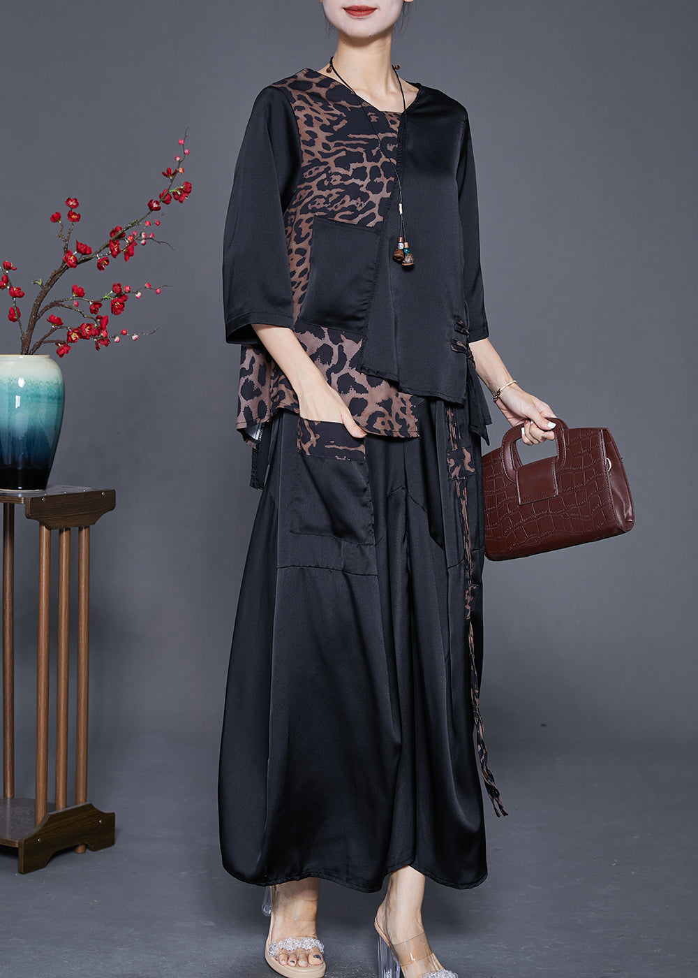 Black Asymmetrical Patchwork Leopard Silk Two Pieces Set Summer