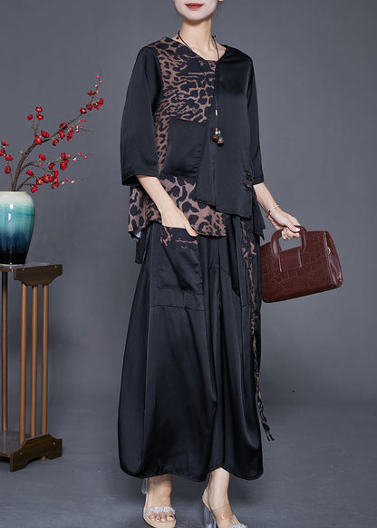 Black Asymmetrical Patchwork Leopard Silk Two Pieces Set Summer