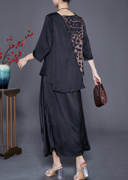 Black Asymmetrical Patchwork Leopard Silk Two Pieces Set Summer