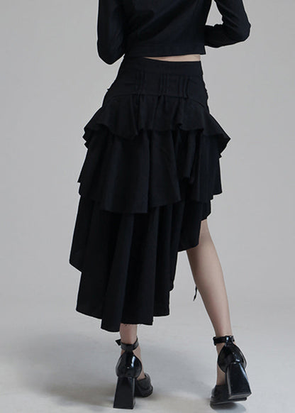Black Asymmetrical Pockets High Waist Cotton Skirts Spring