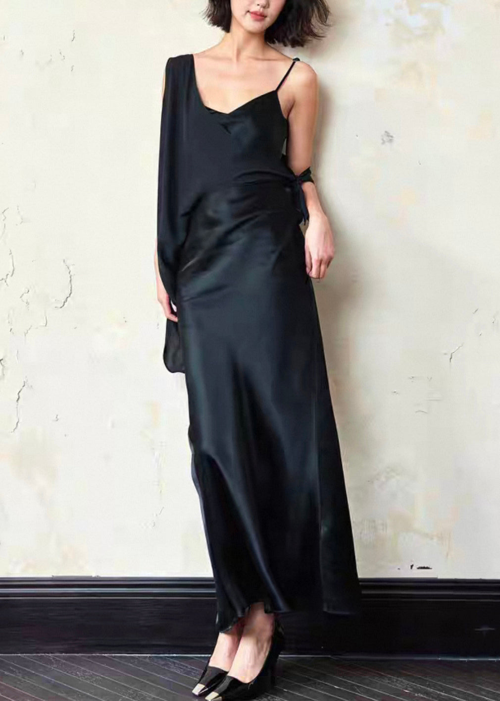 Black Asymmetrical Side Open Silk Dresses Sleeveless