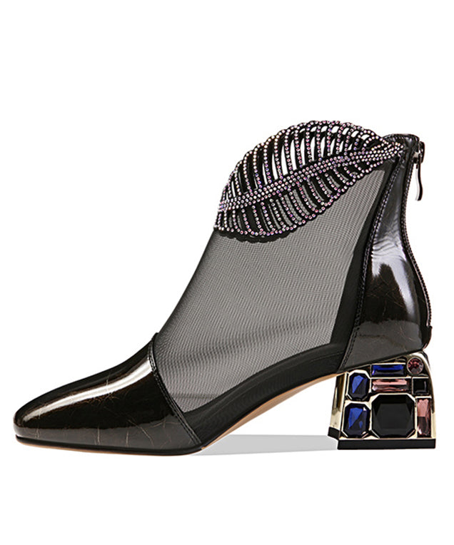 Black Breathable Mesh Splicing Cowhide Leather Ankle Boots