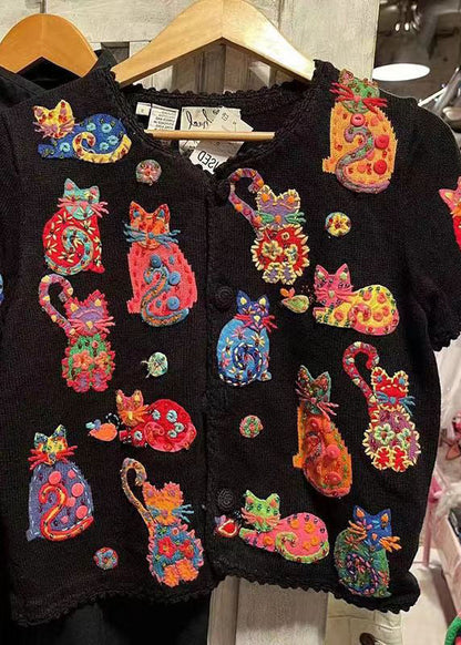 Black Cartoon Embroideried Knit Shirt Top Short Sleeve