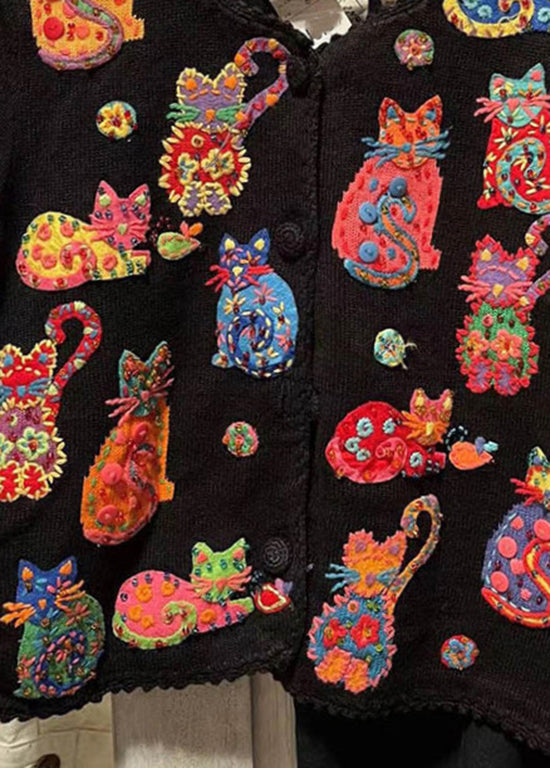 Black Cartoon Embroideried Knit Shirt Top Short Sleeve
