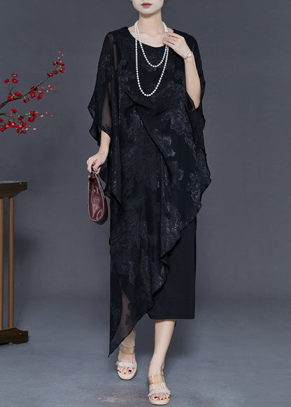 Black Cold Shoulder Jacquard Silk Dresses Summer