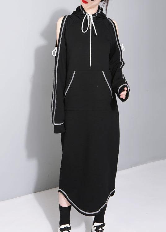 Black Cold Shoulder Hooded Long Summer Cotton Dress