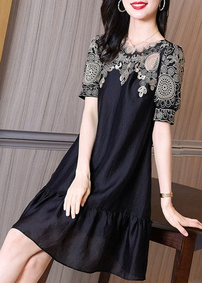 Black Embroideried O-neck Hollow Out Long Dresses Short Sleeve