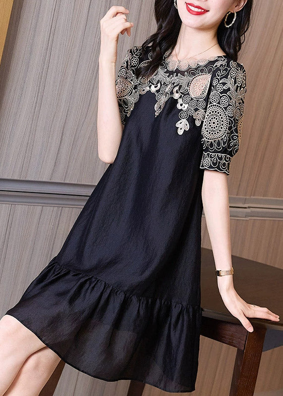 Black Embroideried O-neck Hollow Out Long Dresses Short Sleeve