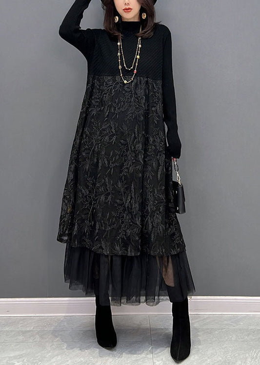 Black Embroideried Tulle Patchwork Knit Dresses Winter