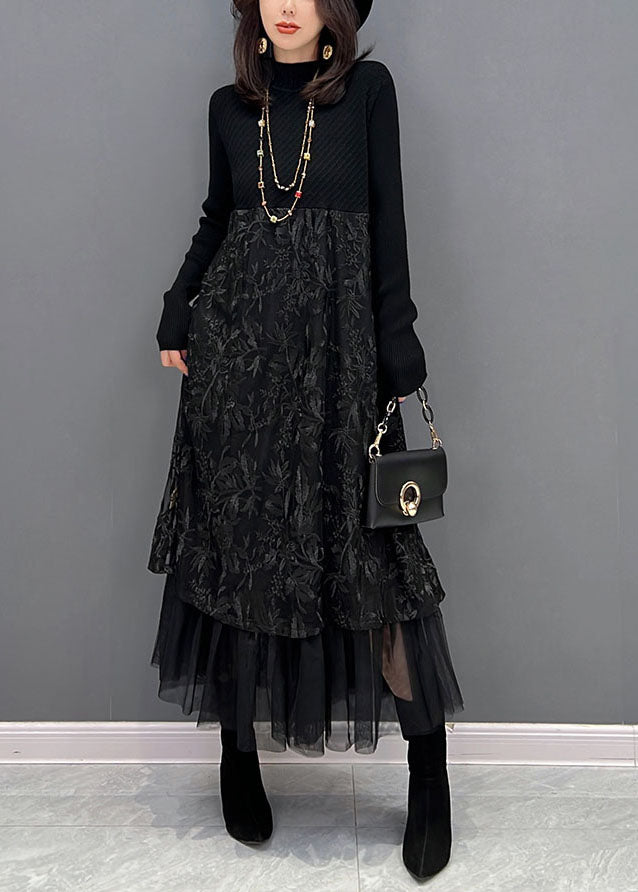 Black Embroideried Tulle Patchwork Knit Dresses Winter