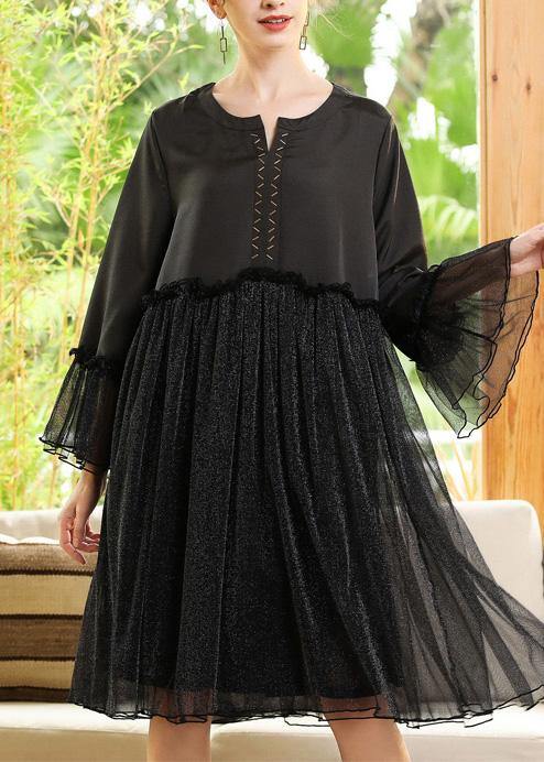 Black Flare Sleeve Chiffon Patchwork Summer Dress