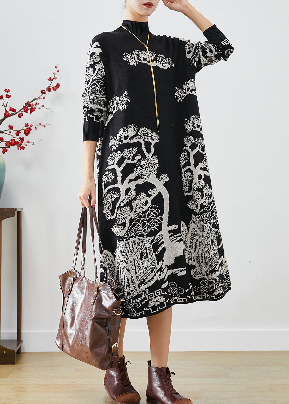 Black High Neck Print Knit Sweater Dress Fall