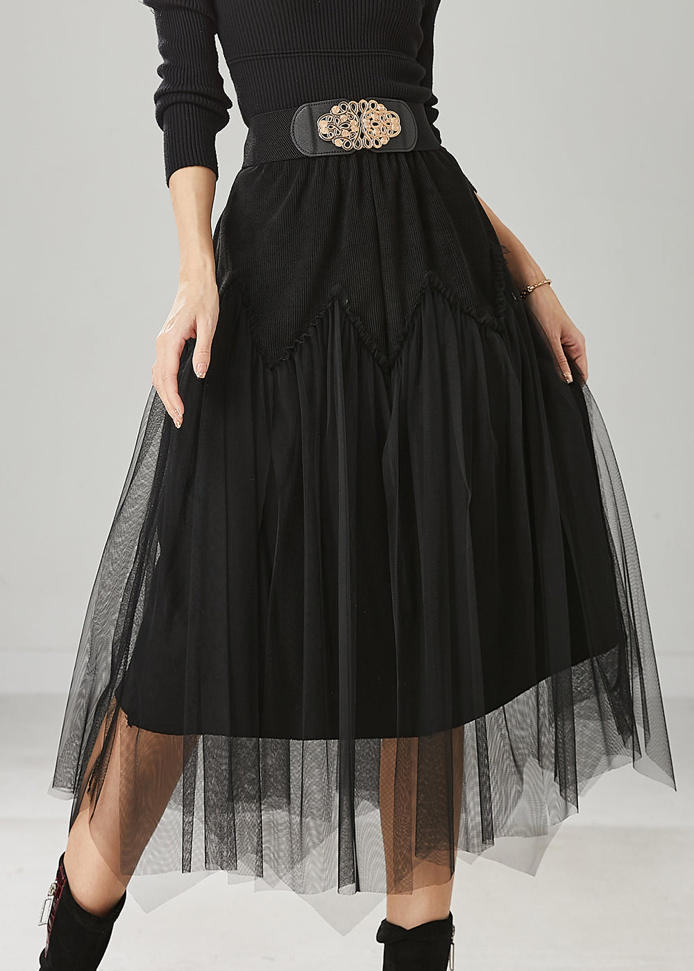 Black High Waist Patchwork Tulle Corduroy Skirts Spring