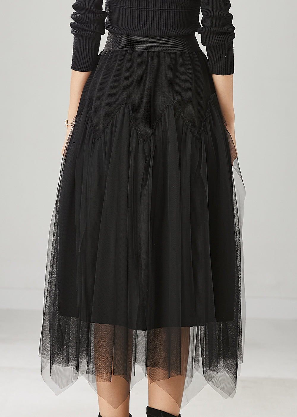 Black High Waist Patchwork Tulle Corduroy Skirts Spring