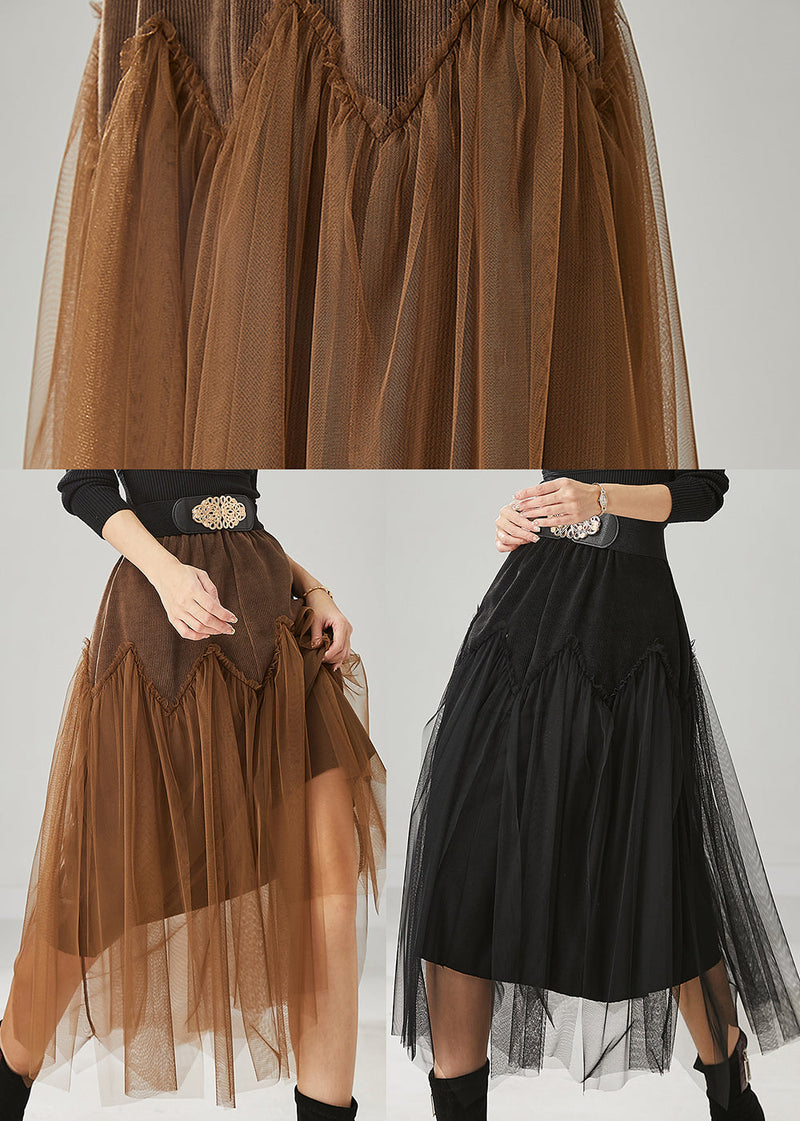 Black High Waist Patchwork Tulle Corduroy Skirts Spring