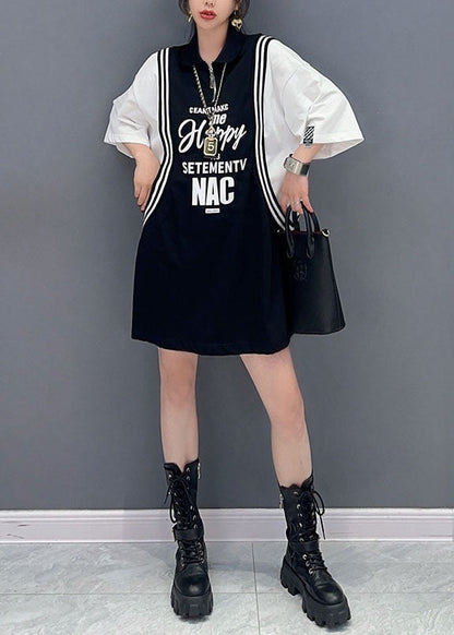 Black Letter Print Patchwork Cotton Sport Mid Dress Summer