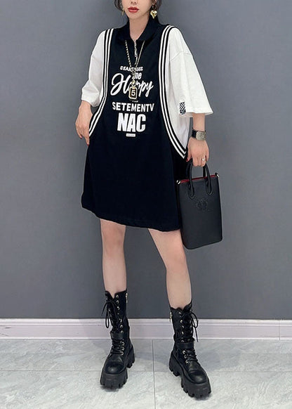 Black Letter Print Patchwork Cotton Sport Mid Dress Summer