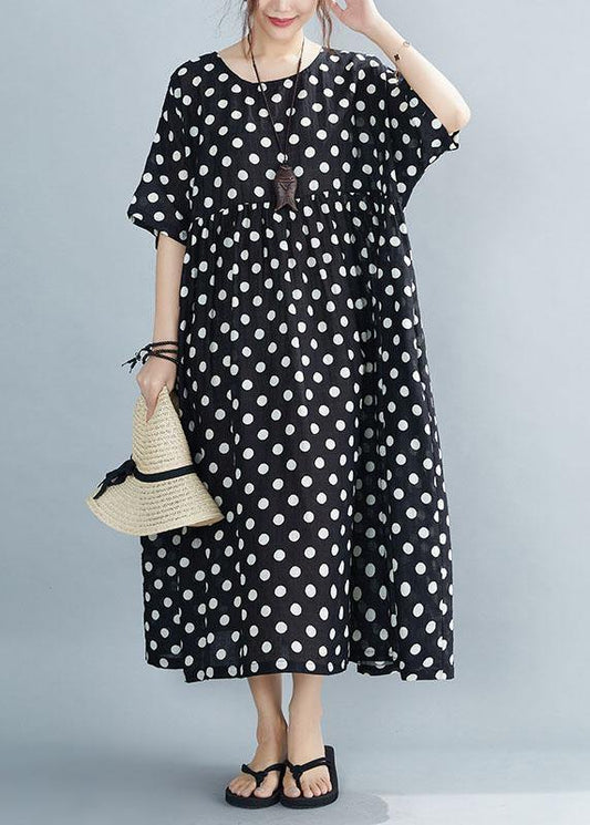 Black O-neck Dot Summer Maxi Dresses Half Sleeve