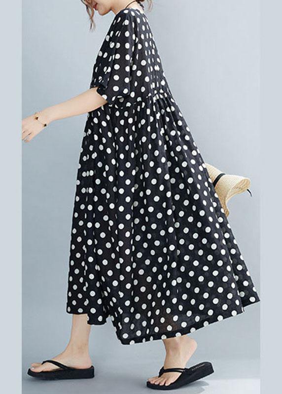 Black O-neck Dot Summer Maxi Dresses Half Sleeve
