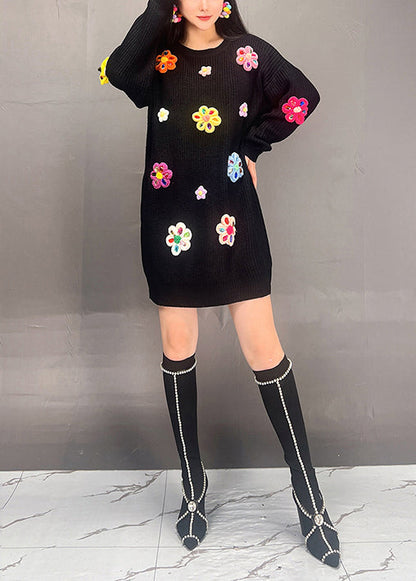 Black O Neck Patchwork Knit Dress Fall