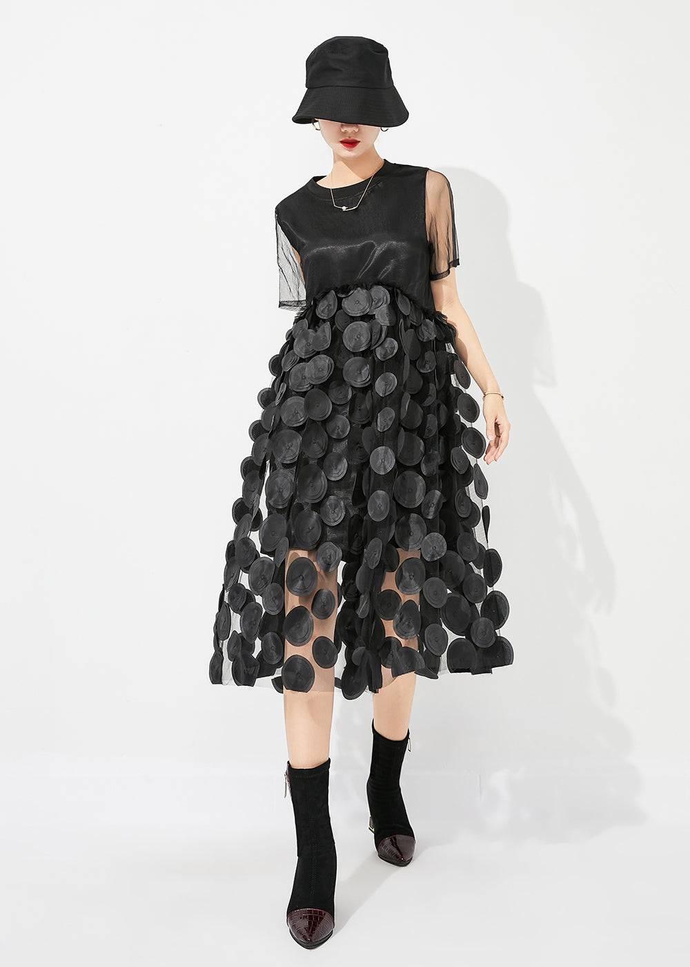 Black O-neck Patchwork Exra Large Hem Tulle Vacation Dress Summer