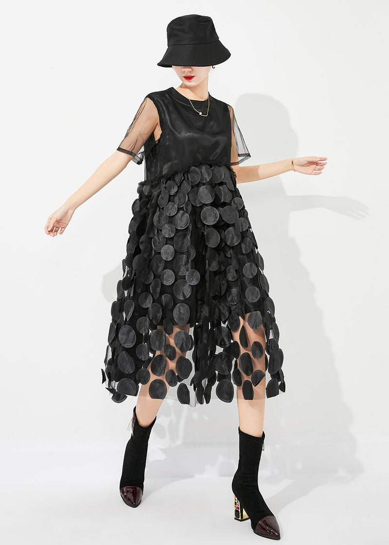 Black O-neck Patchwork Exra Large Hem Tulle Vacation Dress Summer