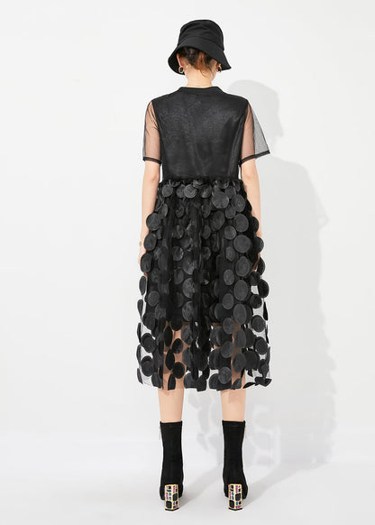 Black O-neck Patchwork Exra Large Hem Tulle Vacation Dress Summer