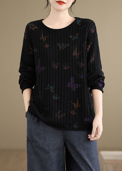 Black O Neck Print Cotton Knit Sweaters Spring